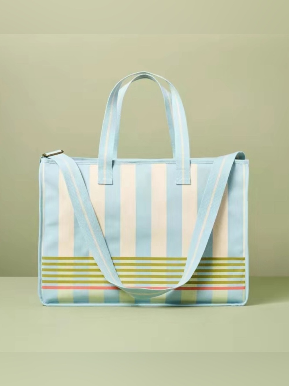 Hearth & Hand Cross Stripe Carry-All blue, green Cream Tote Bag picnic beach